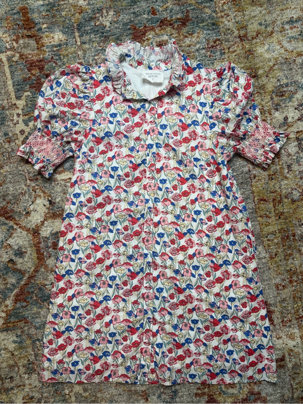 Hyacinth house- XS Floral Puff-Sleeve Dress - Pink & Blue